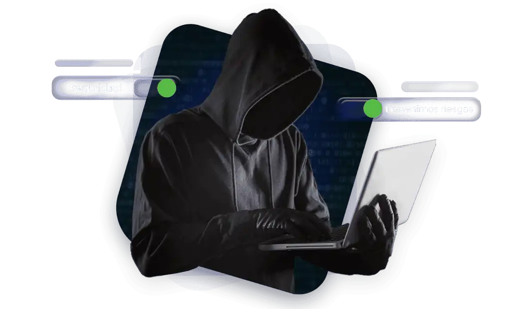 Ilustración de hacker con capucha usando laptop frente a matriz de código binario para soluciones de ciberseguridad.
