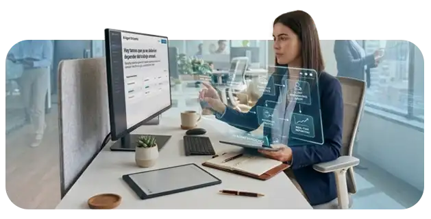 Ejecutiva utilizando un agente de inteligencia artificial y automatización de procesos con interfaz interactiva para optimizar tareas operativas en su oficina por Consein.